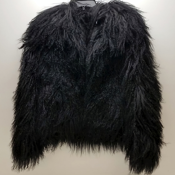 NWT Mongolian Fur Black Coat w/ Large Collar sz L - Picture 13 of 14